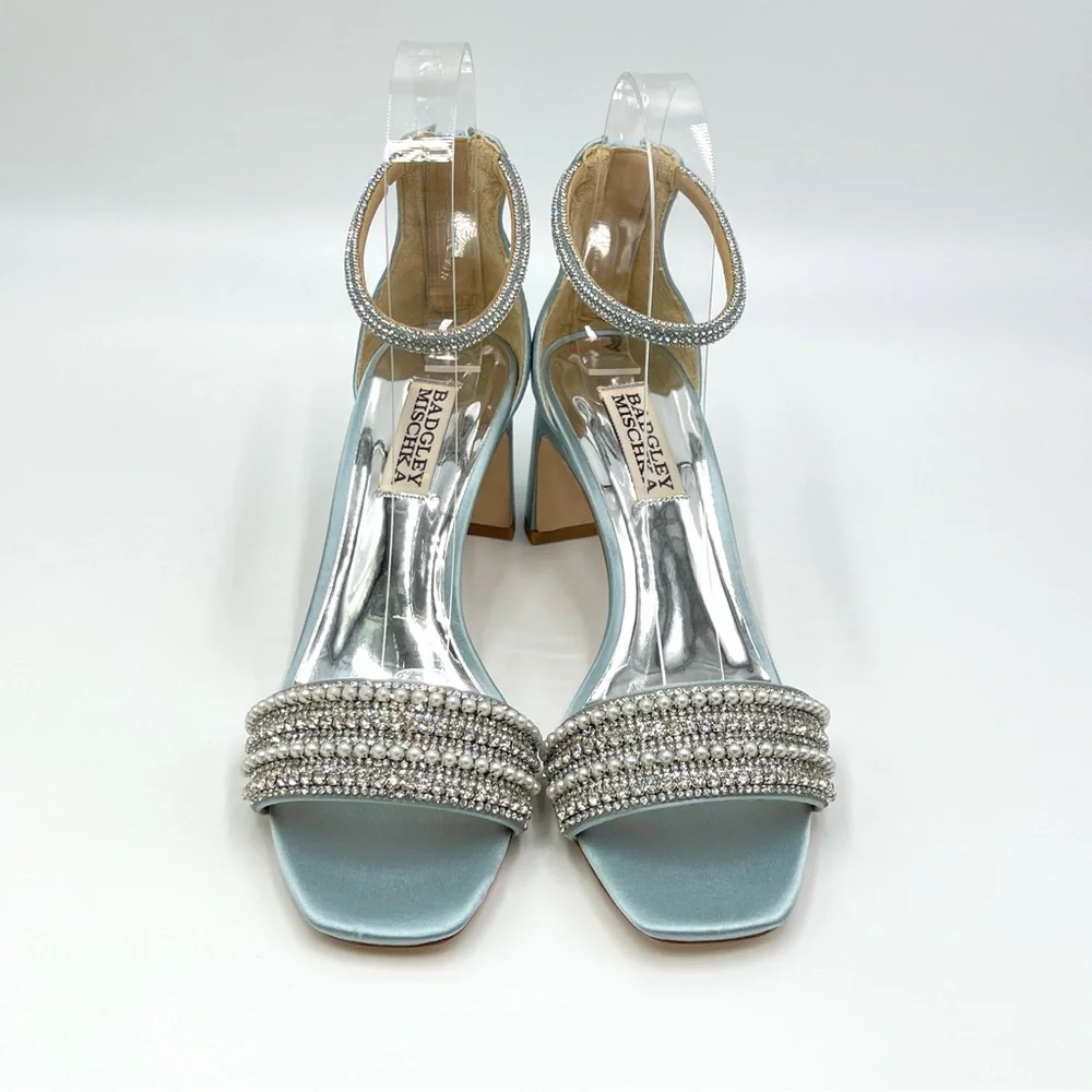 Badgley Mischka Size 5.5 Kameryn‎ Blue Satin Jeweled Dress Sandals Heels Shoes